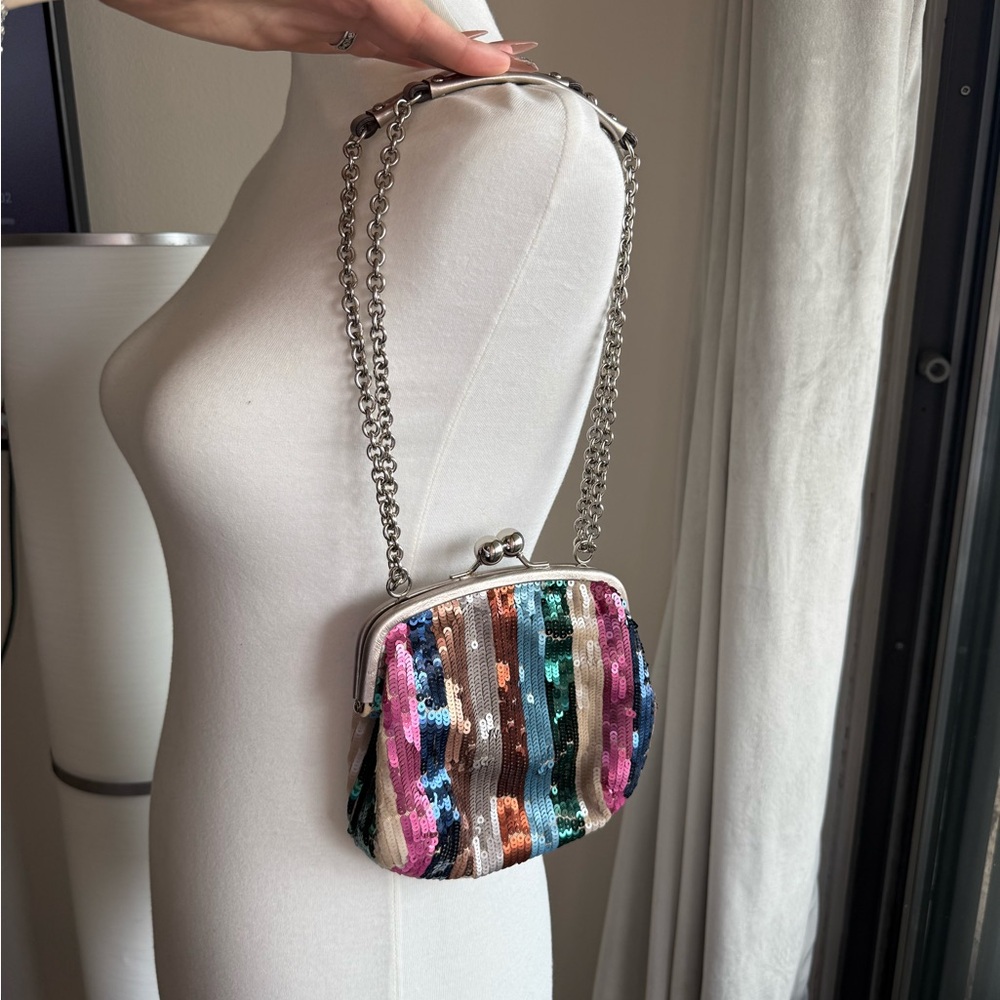 Coach Multicolor Sequin Stripe Kiss-Lock Wristlet with Silver Chain